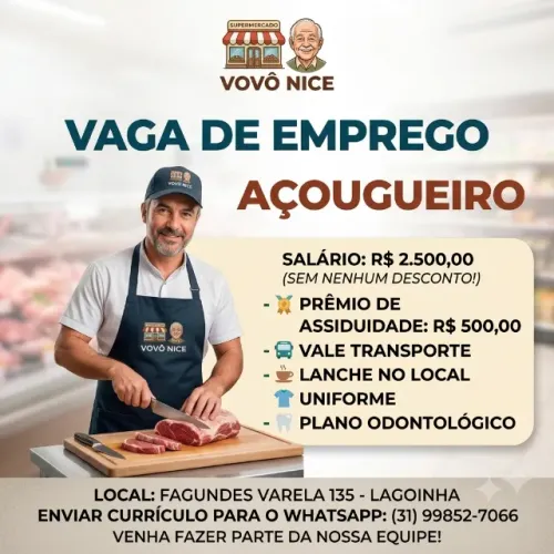 VAGA PARA AÇOUGUEIRO OPORTUNIDADE IMPERDÍVEL!
