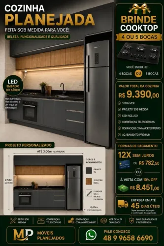 Cozinha Planejada em até 12x sem juros com fogão Cooktop de Brinde