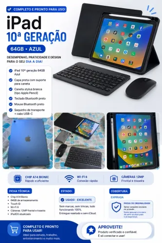 iPad 10ª Geração 64GB Azul + Kit Completo - Excelente Estado