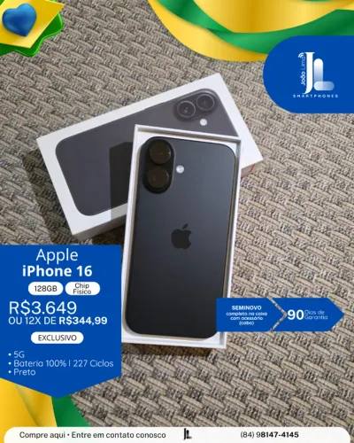 IPHONE 16, 5G, CHIP FÍSICO, 128GB, PRETO, BAT 100%, SEMINOVO, EXCLUSIVO!