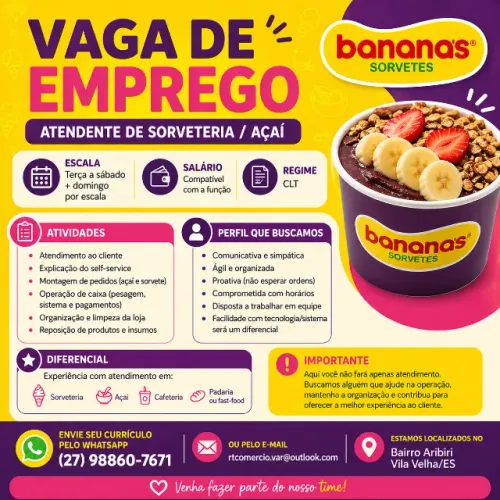 Atendente de Sorveteria/Açaí - Vila Velha (Aribiri)