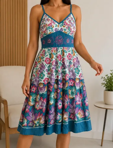 Vestido Midi Neha Floral Azul Tamanho P