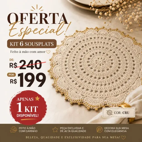 OFERTA! Kit de Sousplat de Crochê 6 lugares, cor cru