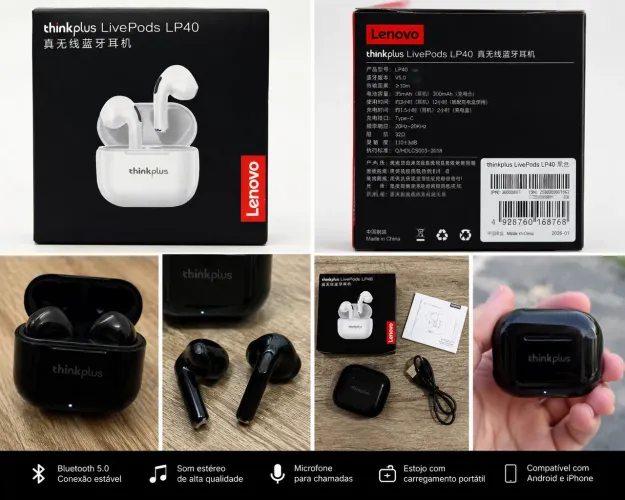 Fone Bluetooth Lenovo Thinkplus LP40 Original | Android e IOS | Novo