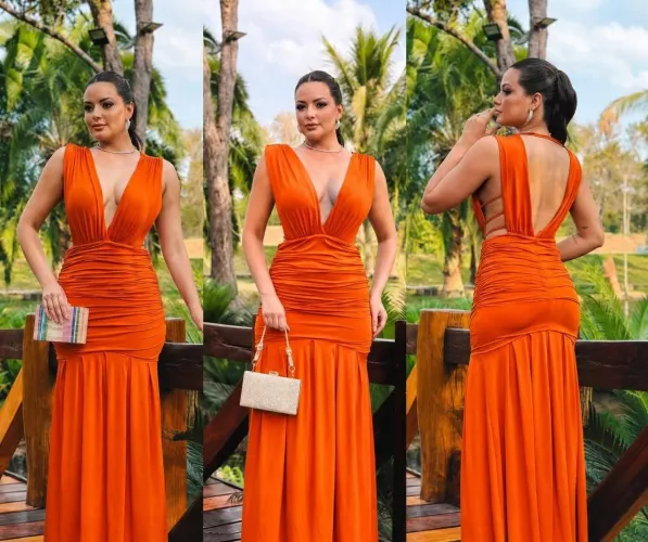 Vestido de festa sereia laranja tamanho único M malha fluit