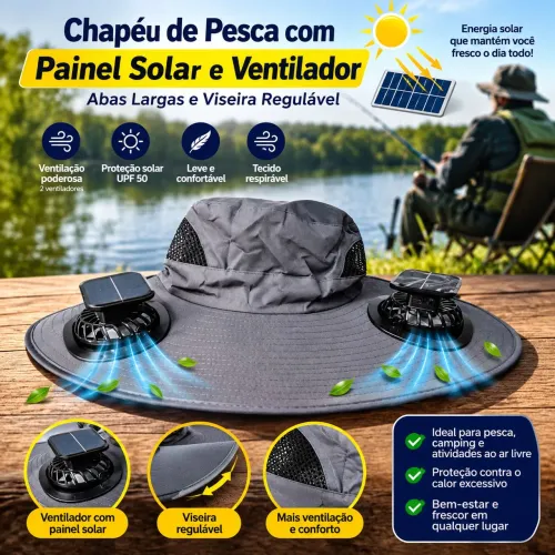 Chapéu de Pesca com Painel Solar e Ventilador. Abas Largas e Viseira Regulável