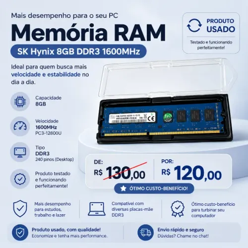 Memória RAM 8GB DDR3 1600MHz SK Hynix - Desktop
