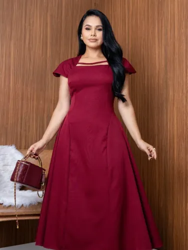 Vestido Midi Feminino Evangélico Social Detalhe na gola