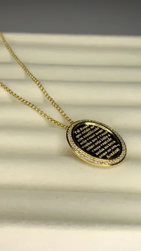 COLAR MEDALHA OVAL ORAÇÃO PAI NOSSO COM MICROZIRCONIAS EM VOLTANO DOURADO