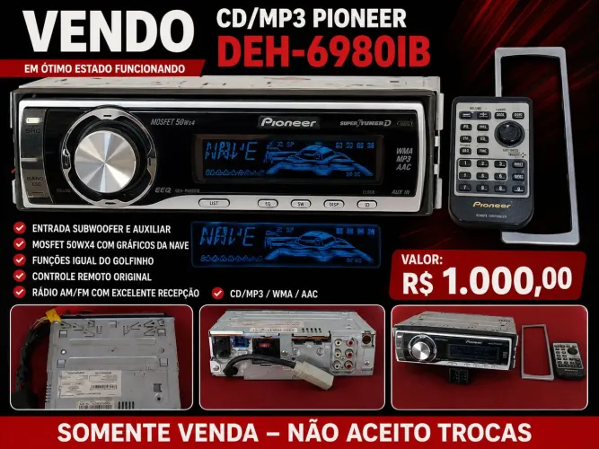 CD MP3 PIONEER DEH-6980IB COM CONTROLE REMOTO SAIDA SUBWOOFER 
