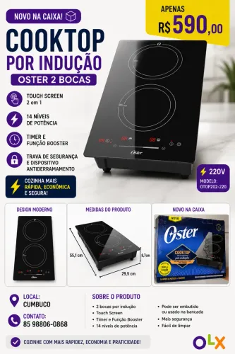 Cooktop por Indução 2 Bocas Marca: Oster Touch Screen 2 em 1 - 220V Modelo: OTOP202-220