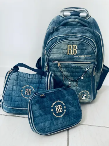 Kit mochila de rodinhas+ lancheira+ estojo jeans azul da Rebecca BonBon