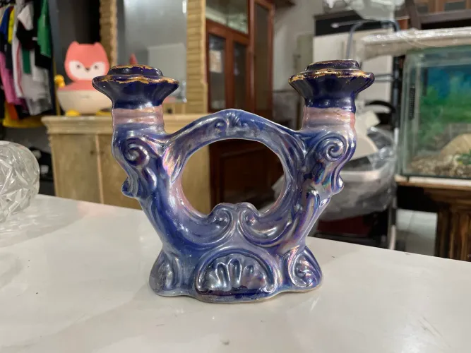 Castiçal/Candelabro de 2 Velas em Porcelana Vitrificada Vintage
