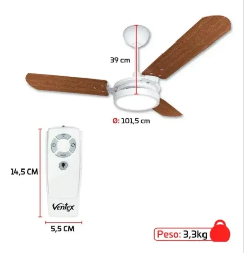 Ventilador de teto com controle remoto e luz de led
