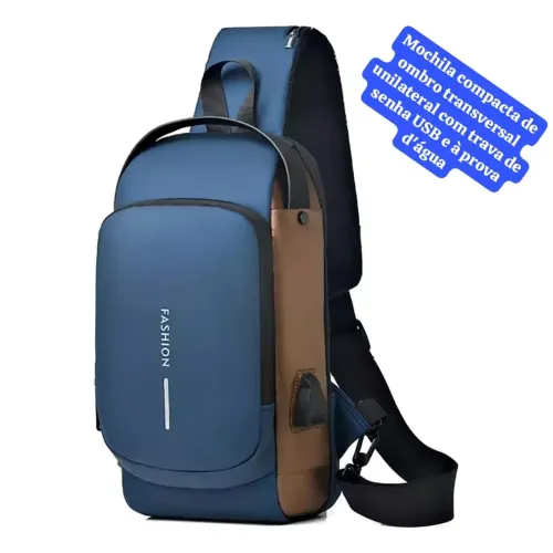 Bolsa transversal microfibra, ombro e costa, com entra USB e cadeado com senha