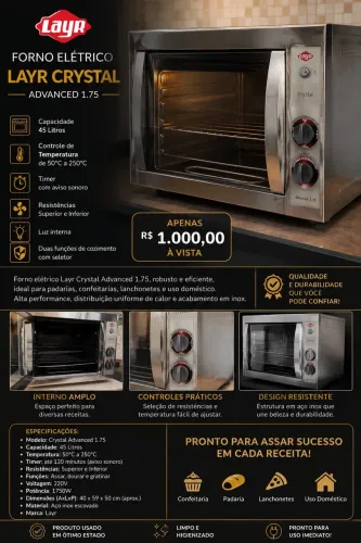 FORNO ELÉTRICO LAYR CRYSTAL ADVANCED 1.75