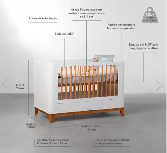 Berço Evolutivo Boom Plus 3 em 1 Square - Branco Fosco