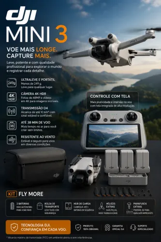 Drone Dji mini 3 | controle com tela e baterias extras de alta duração