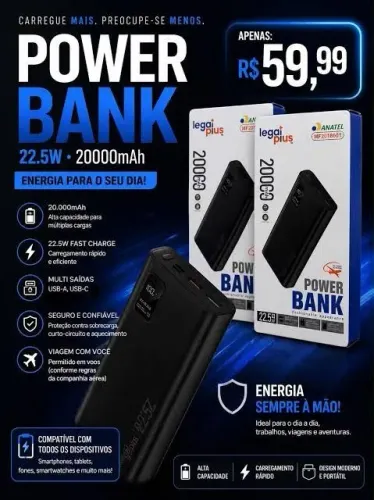 Carregador Portátil Power Bank 20.000mAh Turbo 22.5W Legalplus (Novo)