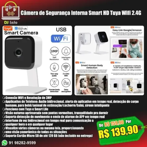 Câmera de Segurança Interna Smart HD Tuya Wifi 2.4G