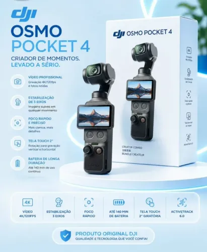 DJI Osmo Pocket 4 Creator Combo 4K 120FPS Estabilização 3 Eixos Tela Touch 2" Giratória.