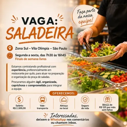 Vaga de Saladeira CLT Segunda a Sexta