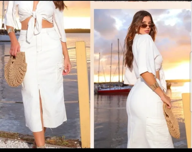 Saia jeans mid bolsos lateral
