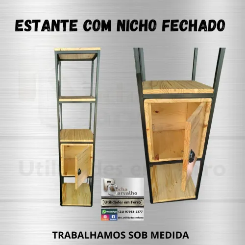 Estante com Nicho Fechado em Madeira e Metalon. Sob Encomenda.