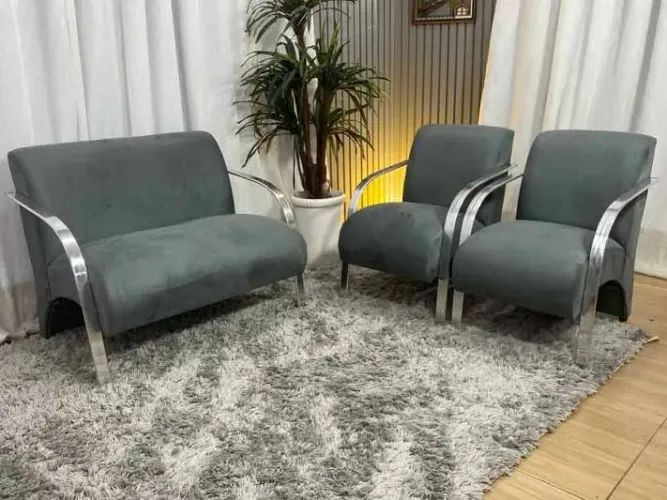 Conjunto de Poltronas 2x1x1 Cinza Braço Alumínio 