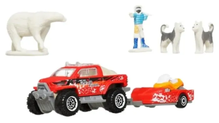 carrinhos Matchbox pick up com trailer 2 husky cachorro e urso polar