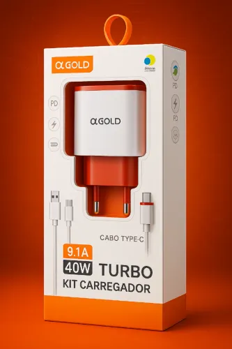 Kit Carregador Turbo Fonte PD 40W com cabo Tipo C x Tipo C a'Gold - Novo Loja Coimbra