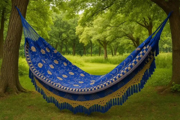 Rede de Descanso Azul com Detalhes Dourados