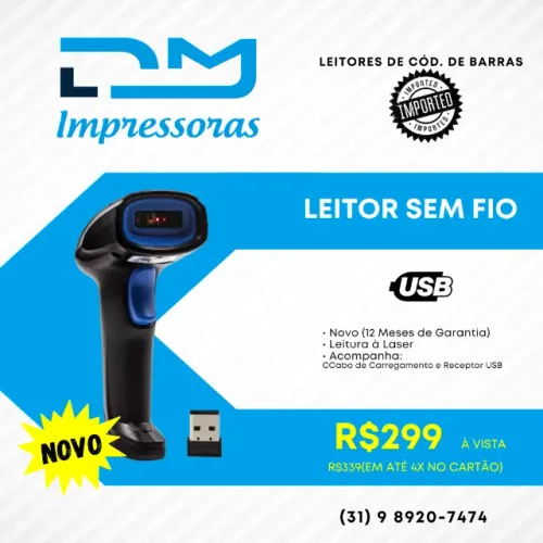 Leitor de Código de Barras de Mão Importado Sem Fio (USB) - 12 Meses de Garantia