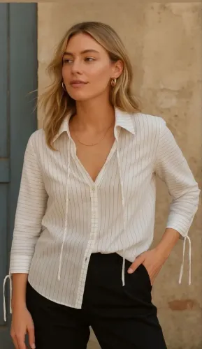 Camisa feminina, branca, com detalhe nas costas Costume