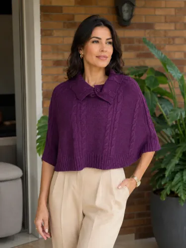 Poncho em Tricô Roxo (berinjela) / Tam XL (poncho curto)