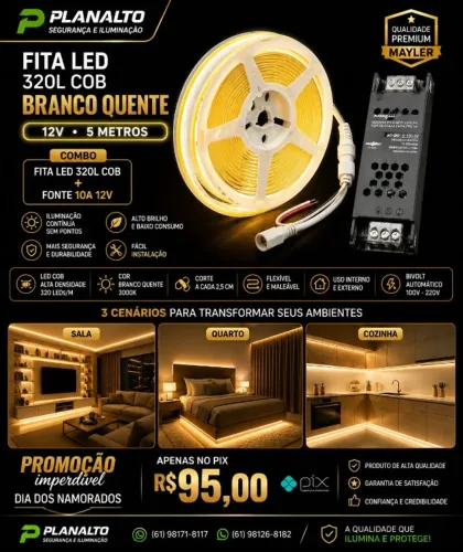 Fita cob 320leds P/metros 12v + FONTE 10A SLIM (CAPA PRETA) NOVA