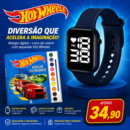 KIT DIVERSÃO HOT WHEELS + RÉLOGIO DIGITAL