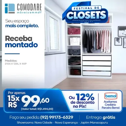 Closet 1,28m com 4 Gavetas e Prateleiras - R$ 1.494,00