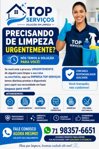 Diaristas Disponíveis Agora | Limpeza Residencial e Comercial | Top Serviços
