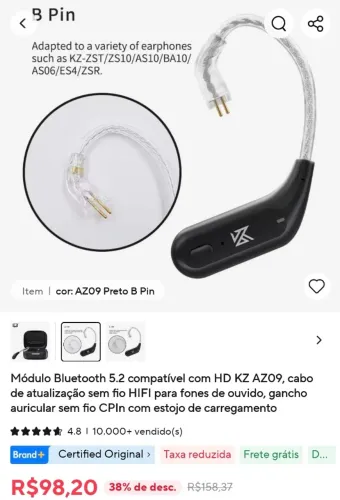 Adaptador Bluetooth para fones KZ de fio