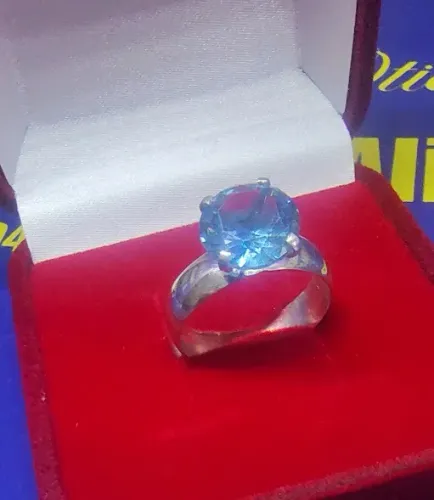 Anel Solitário Pedra Azul Clara Prata 950 Peso 3.50 Gramas Pedra Zircônia 10 mm