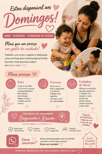 Babá, faxineira ou cuidadora de Idosos aos domingos 