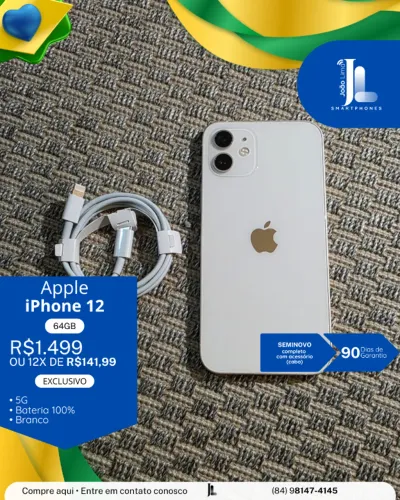 IPHONE 12, 5G, 64GB, BRANCO, SEMINOVO, EXCLUSIVO!