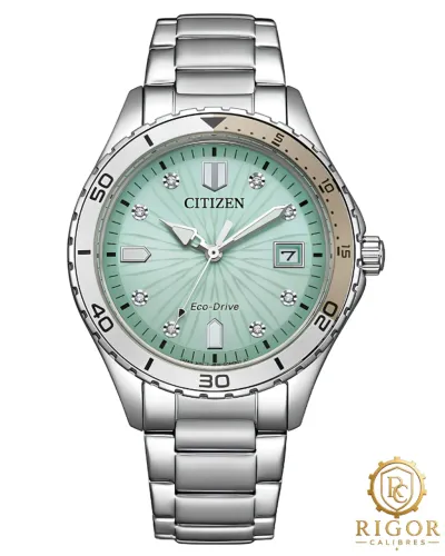 Relógio Citizen Eco-Drive FE6170-88L Feminino Verde Claro Cristais, Aço Inox Energia Solar