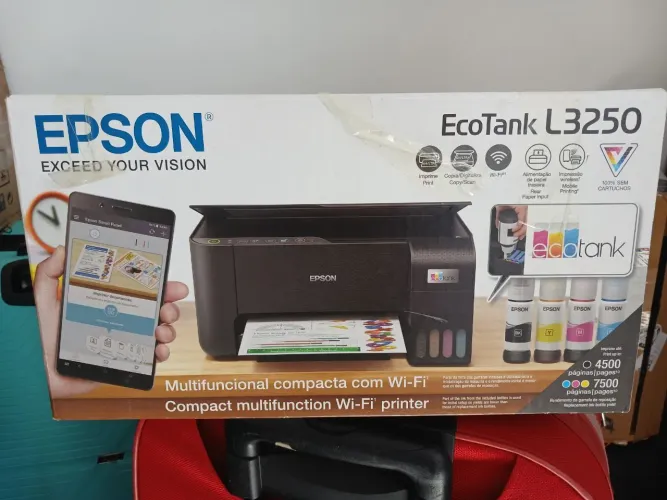 Impressora Epson L3250 na caixa, com tintas originais