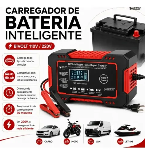 Carregador para bateria inteligente carro e moto