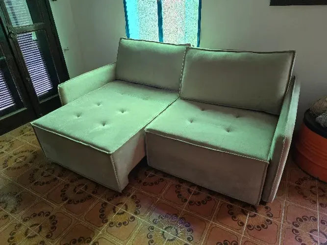 Sofá Retrátil Multiuso Veludo Bege 2 m