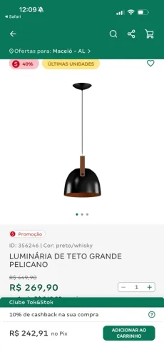 Luminária Pendente Tok&Stok Pelicano - Preta