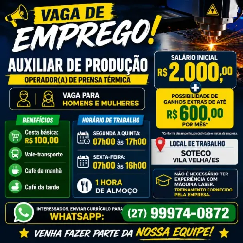 VAGA AUXILIAR DE PRODUÇÃO COM OU SEM EXPERIÊNCIA FÁBRICA TEXTIL SOTECO VILA VELHA