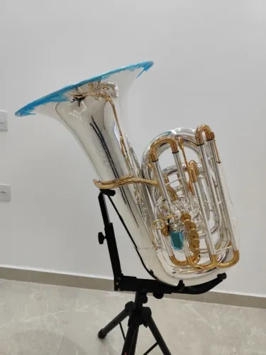 Tuba 5/4 HS Musical 4 Pistos e 1 rotor DÓ - HSTB1C - Prateada com Ouro - NOVA